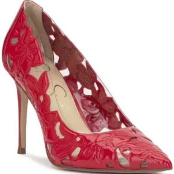 NWOJESSICA SIMPSON 'Erinia Red Patent Pointed Toe Cut-Out Floral Heel Pumps 8.5M - Picture 1 of 4